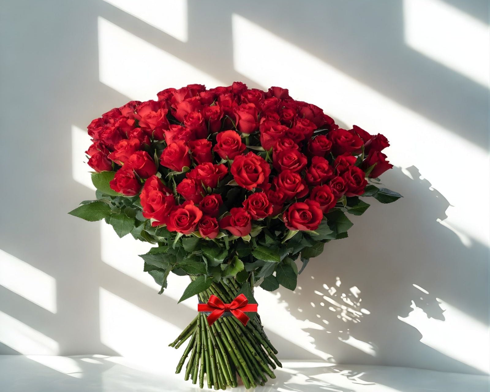 100 rich red roses madflowers bouquet delivery in Ireland on a white reflecting surface with diffused soft light and shadows