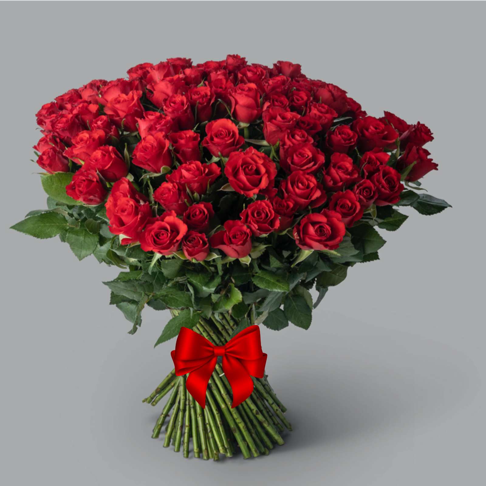 A bouquet of 100 red roses arranged neatly with a red bow on the front.