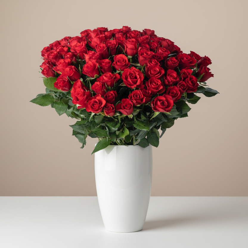 Bouquet of red roses in a white vase on a beige background