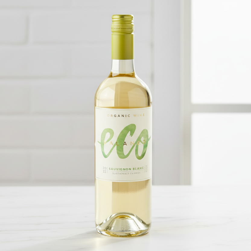 Bottle of white wine with a green label on a light background