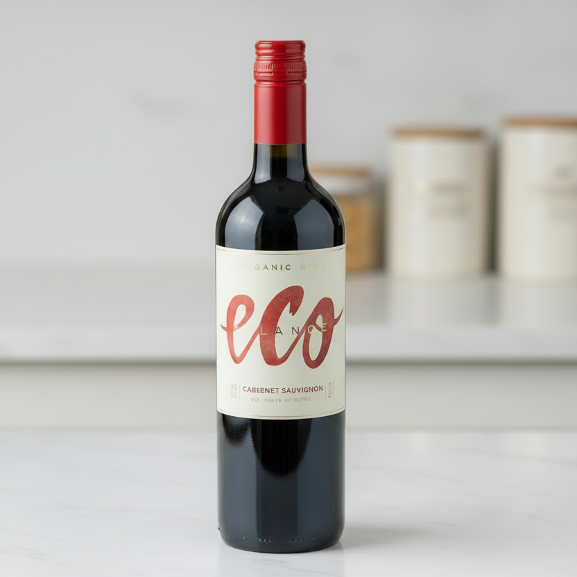 Bottle of red wine with a white label featuring red text on a white surface.