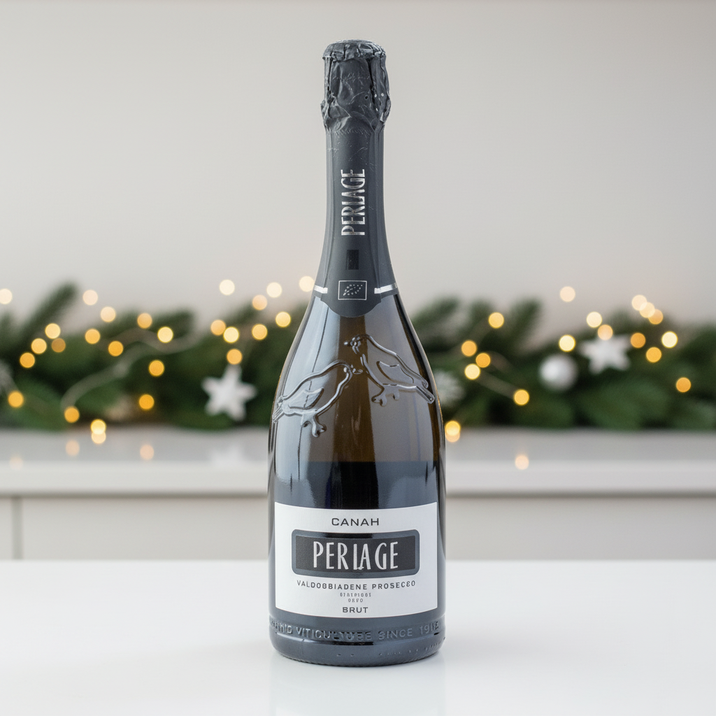 Periage champagne bottle on a white surface with festive lights in the background