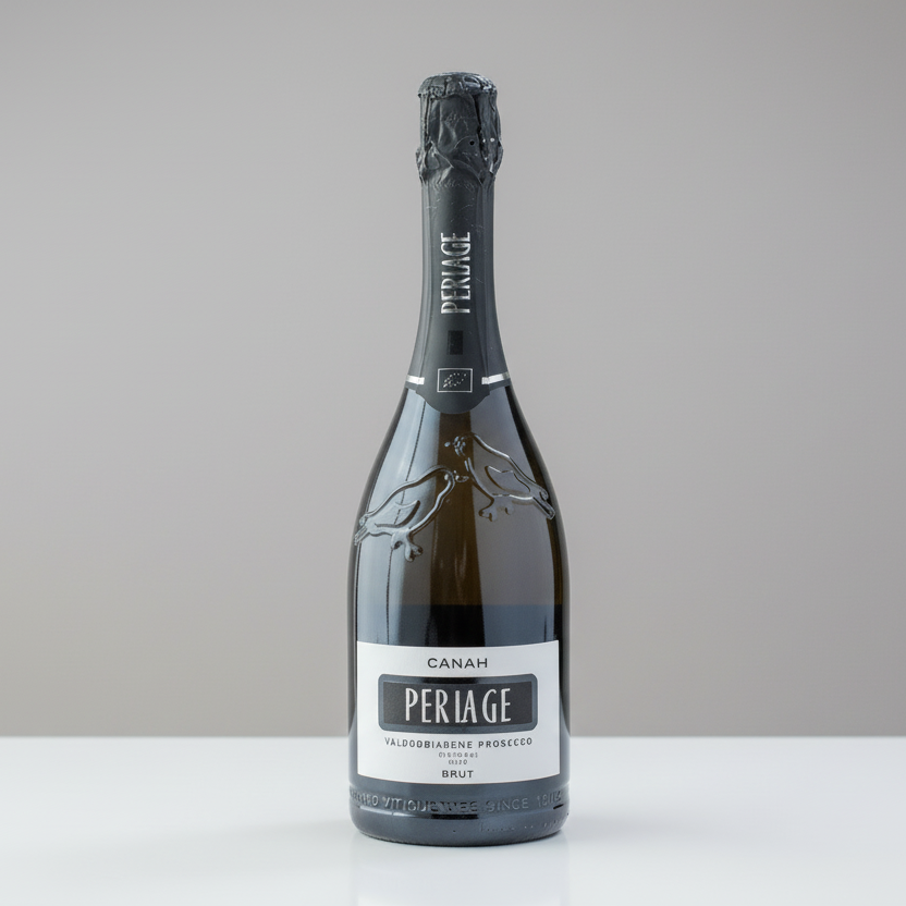 Bottle of Periage Canah Prosecco on a gray background