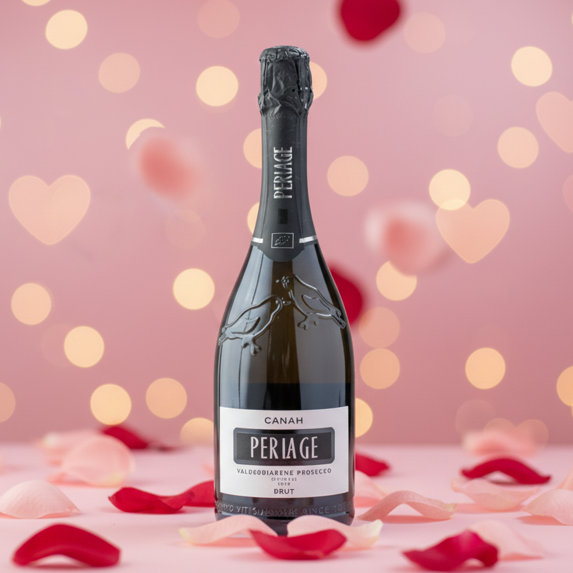 Bottle of Perlage Canah champagne with a festive background of heart shapes and lights.