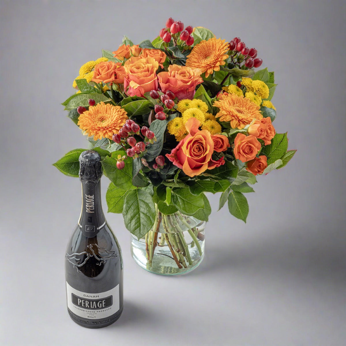 Citrus bouquet and prosecco bottle