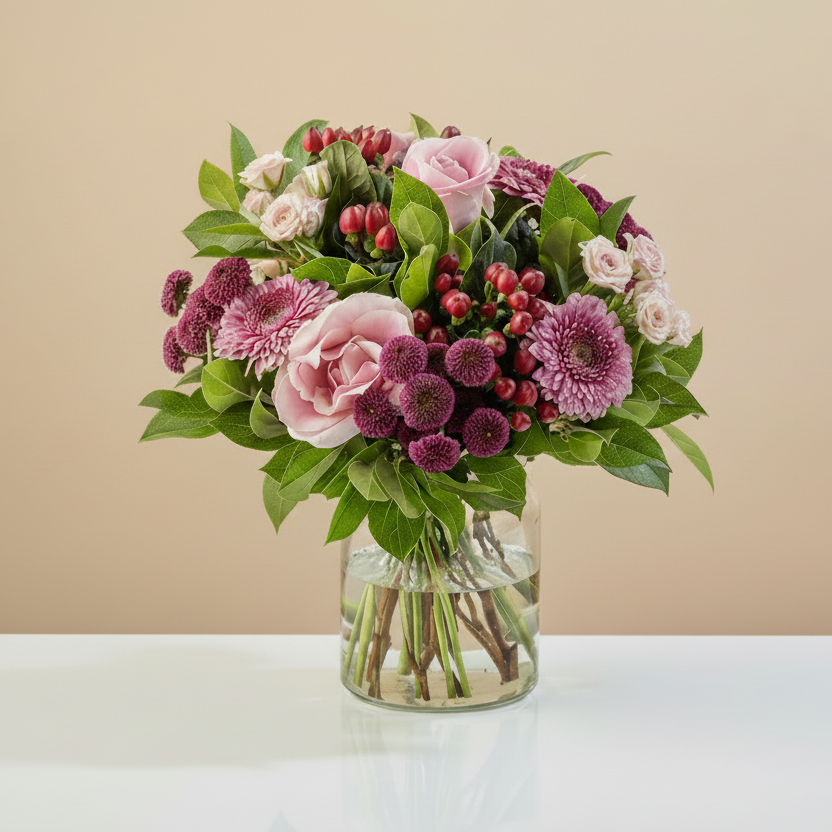 Bouquet of flowers in a clear vase on a light surface with a beige background