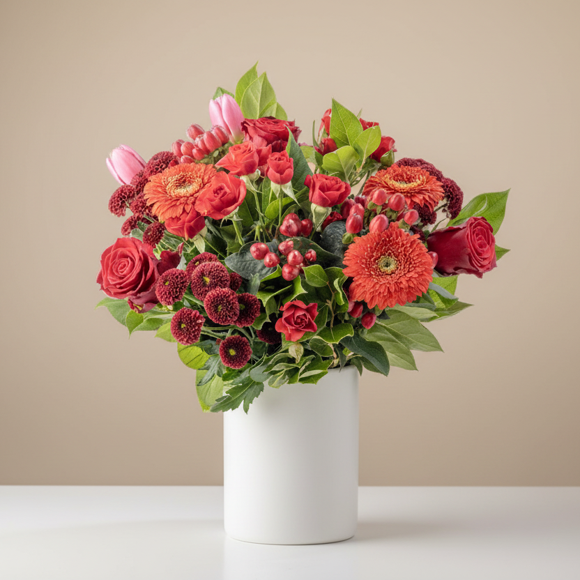 Bouquet of red and pink flowers in a white vase on a beige background