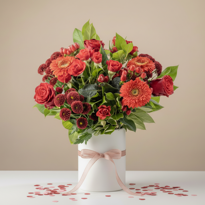 Bouquet of red and pink flowers in a white vase with a beige background