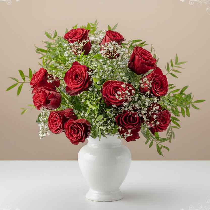 A dozen red roses arranged in a clear glass vase, with green leaves and white flower accents, gift-wrapped.