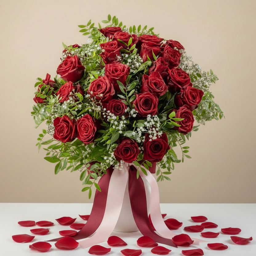 Bouquet of red roses with greenery in a white vase on a beige background