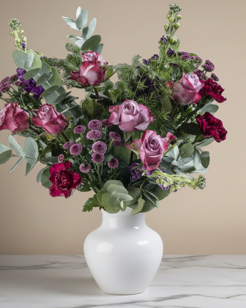 Bouquet of pink and red roses with greenery in a white vase on a light gray background