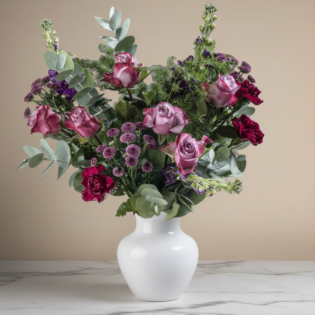 Bouquet of pink and red roses with greenery in a white vase on a light gray background