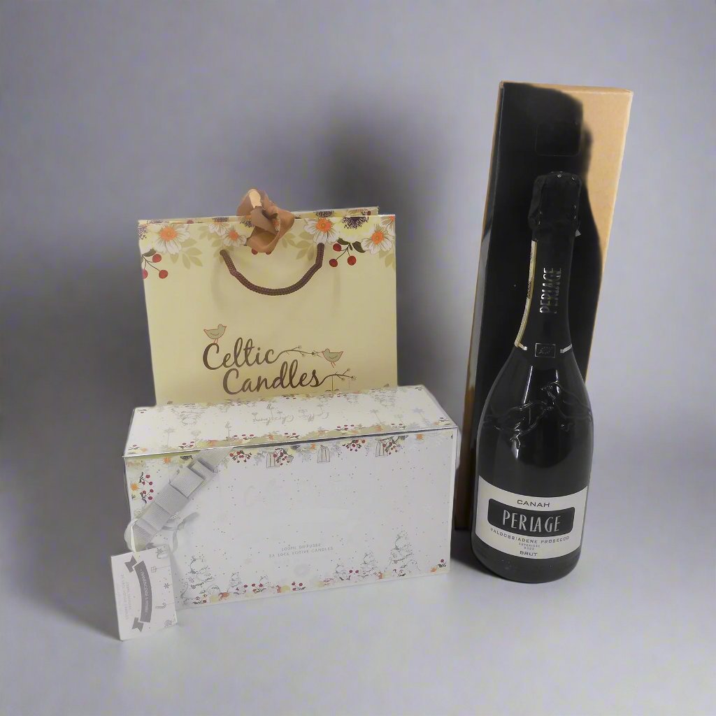 luxury gift set with Pariage prosecco, Celtic Christmas candles, and a diffuser