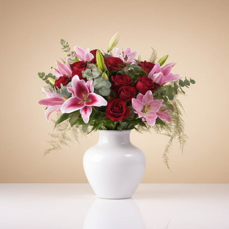 Bouquet of red roses and pink lilies in a white vase on a light background