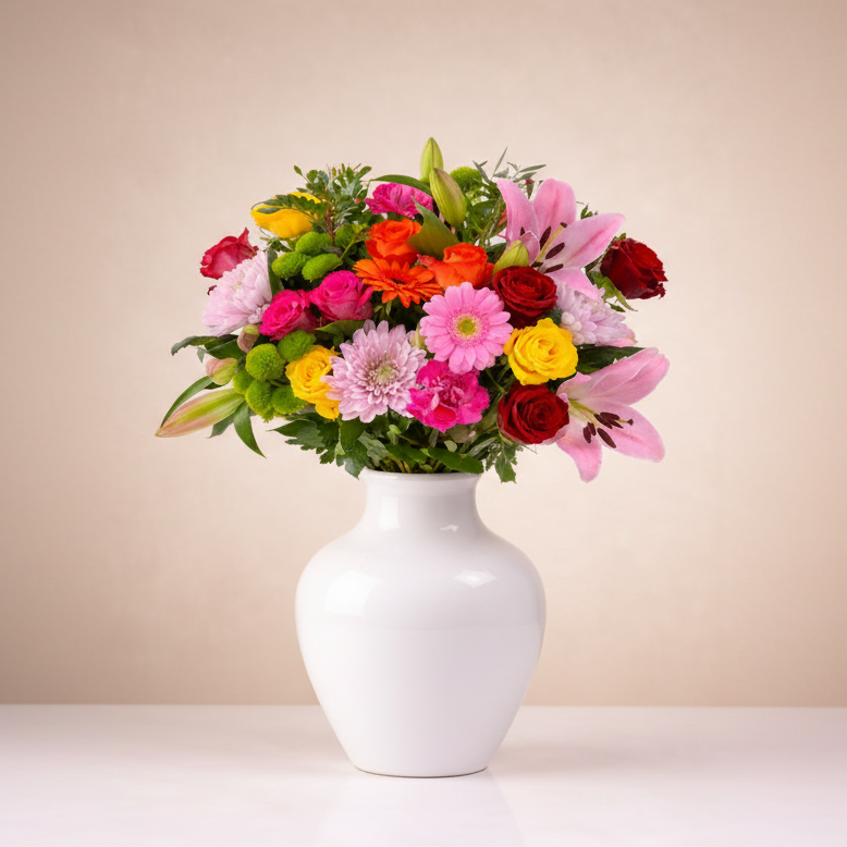 Colorful bouquet of flowers in a white vase on a light background