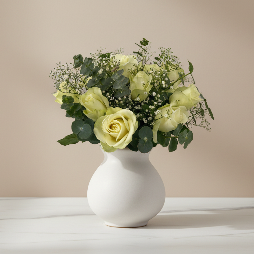 Bouquet of light green roses in a white vase on a beige background