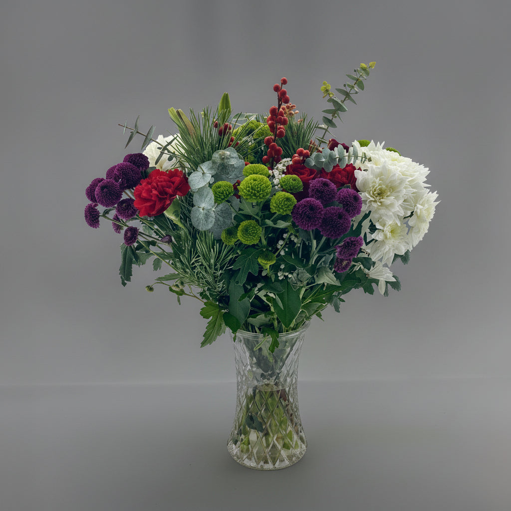 Christmas Special Bouquet of flowers in a clear vase on a light gray background