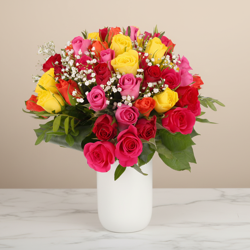Bouquet of colorful roses in a white vase on a marble surface with a beige background