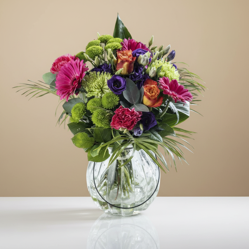 Colorful bouquet of flowers in a clear vase on a beige background