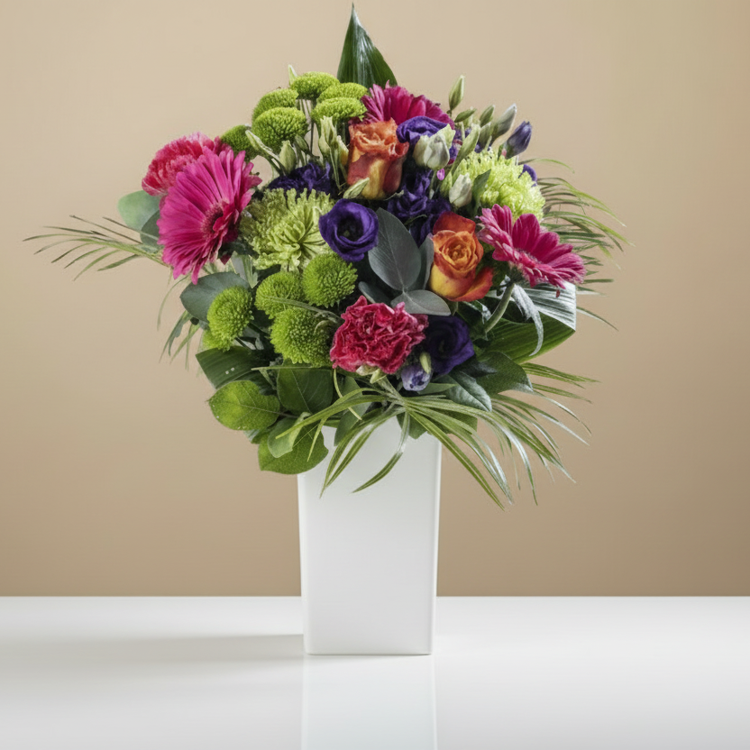 Colorful flower arrangement in a white vase against a beige background