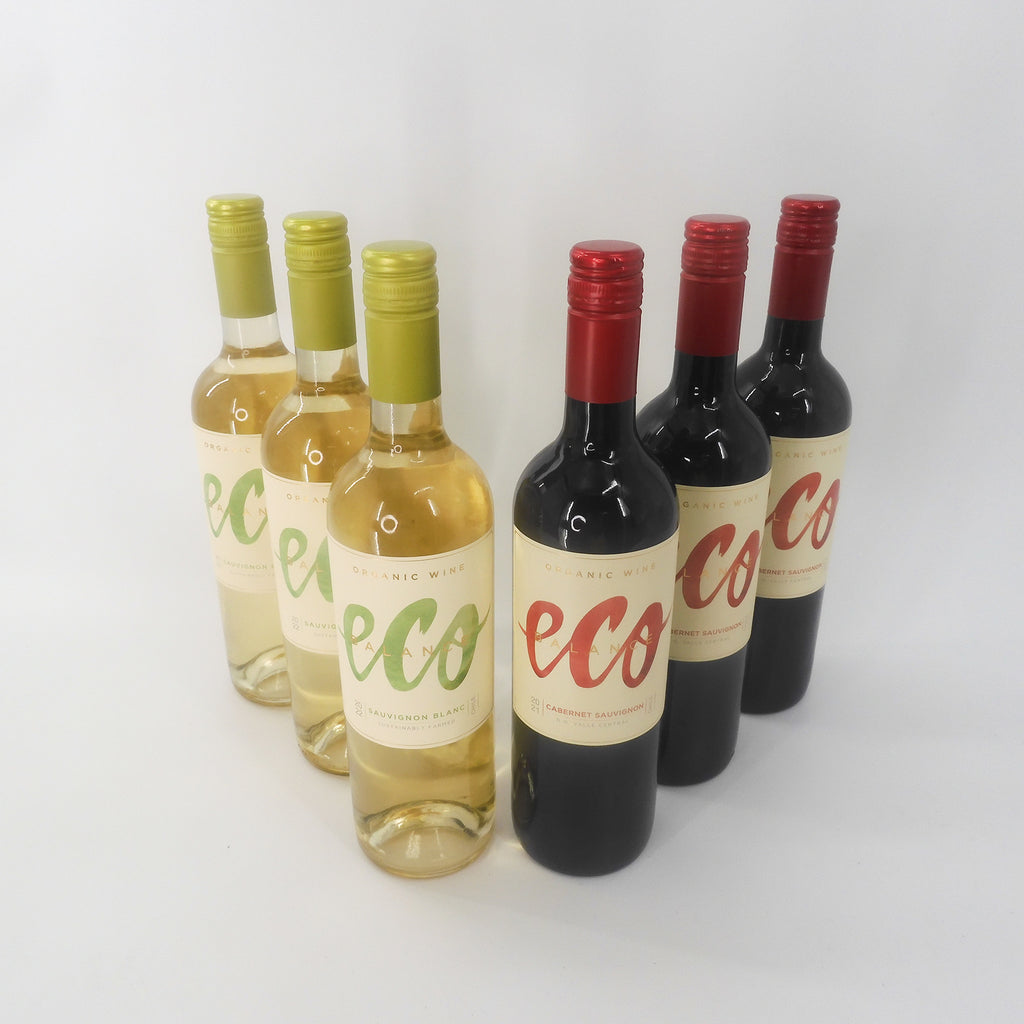 three Eco white wine bottles and three Eco red wine bottles