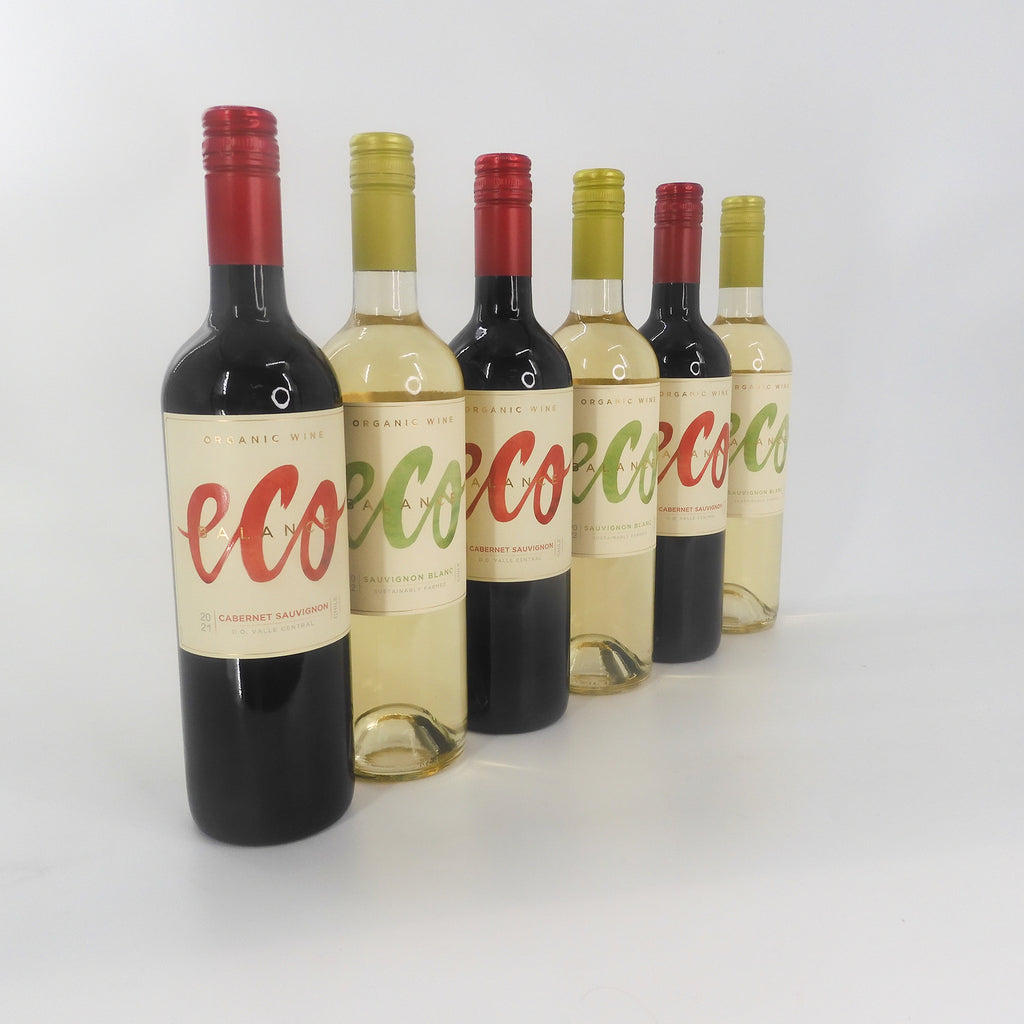 three Eco white wine bottles and three Eco red wine bottles mixed