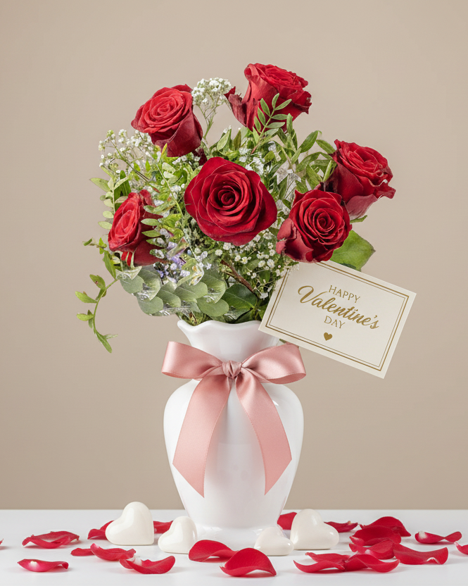 Bouquet of red roses in a white vase with a pink ribbon, accompanied by a 'Happy Valentine's Day' card on a beige background.