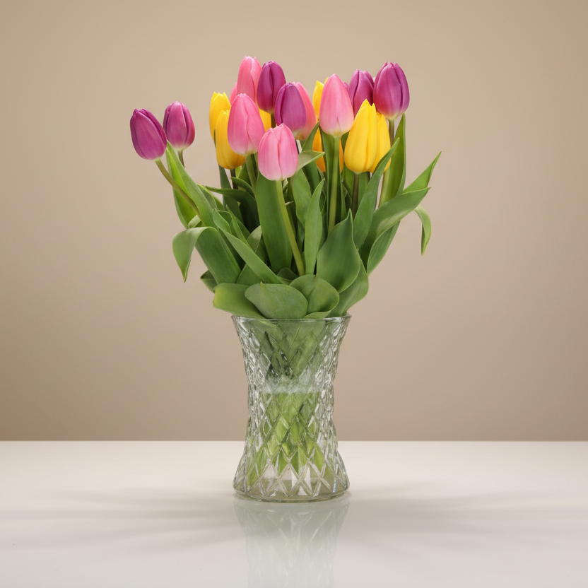 Clear glass vase with colorful tulips on a white surface and beige background