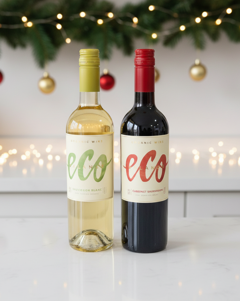 Two bottles of eco wine, one white and one red, on a surface with festive lights and decorations in the background.