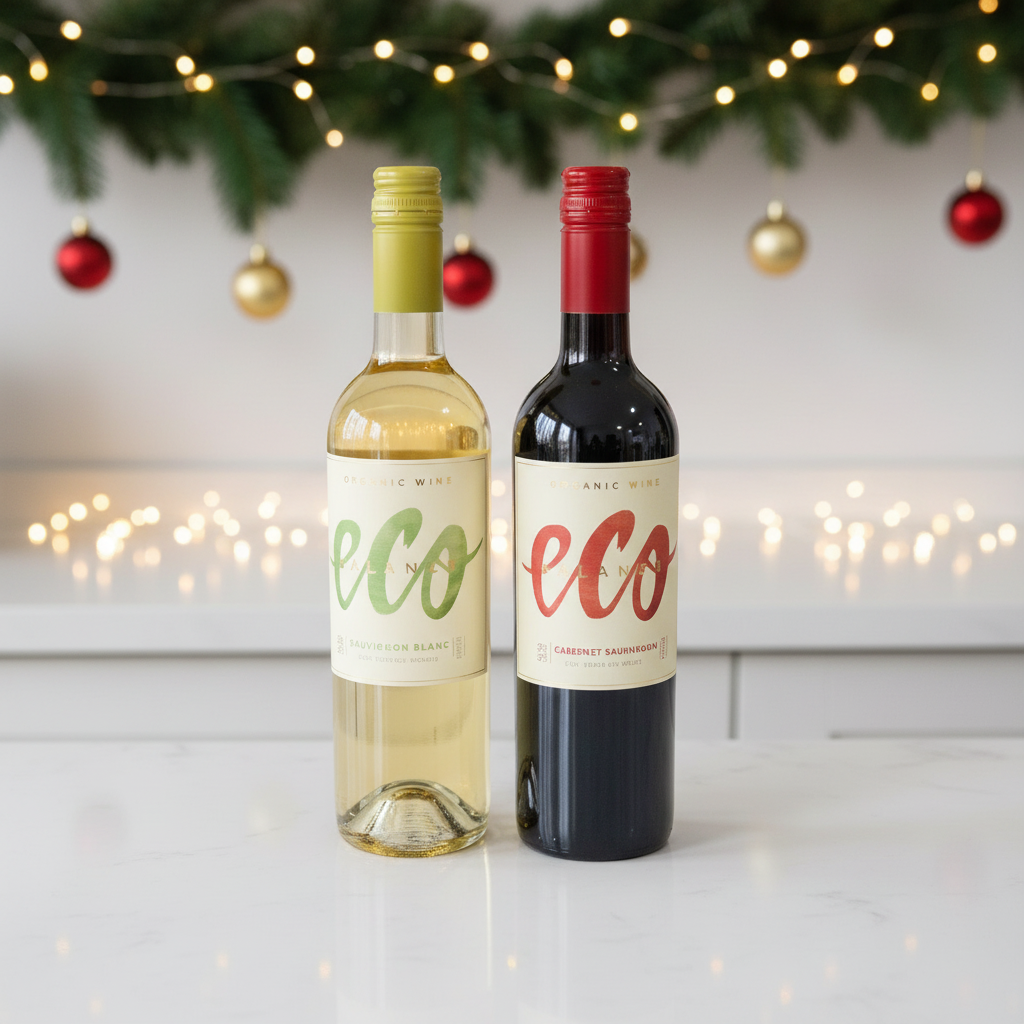 Two bottles of eco wine, one white and one red, on a surface with festive lights and decorations in the background.