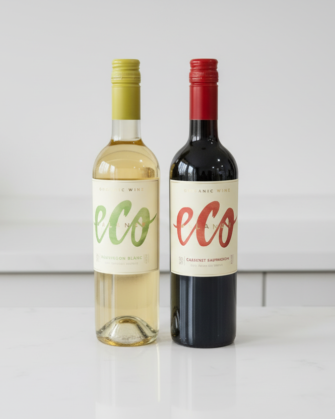 Two wine bottles, one white and one red, with 'eco' labels on a white background.