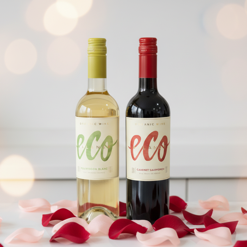 Two wine bottles labeled 'eco' on a surface with rose petals and blurred lights in the background
