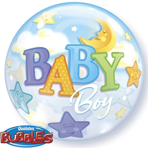 Blue helium balloon with baby boy written on in