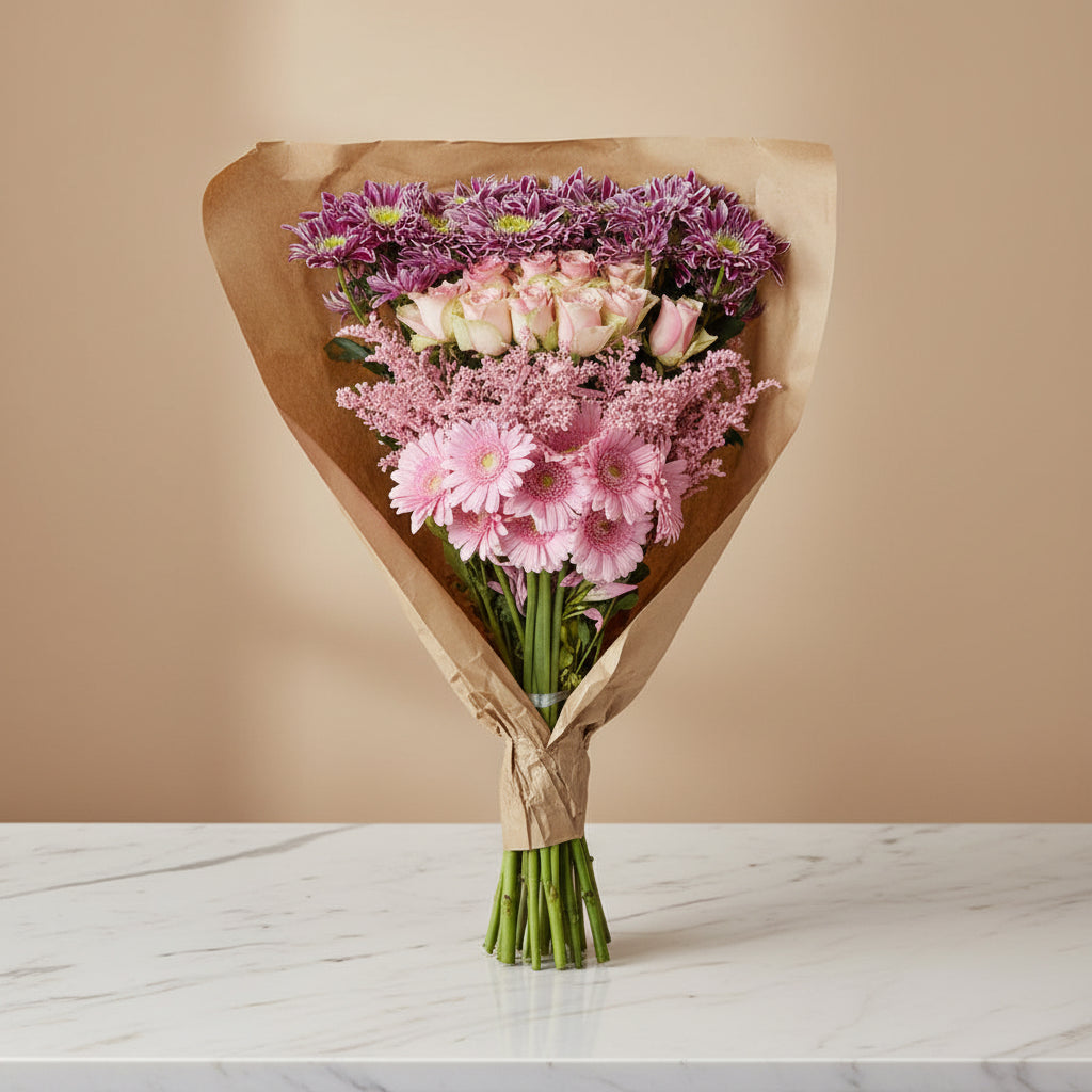 Pink flowers in paper wrapping