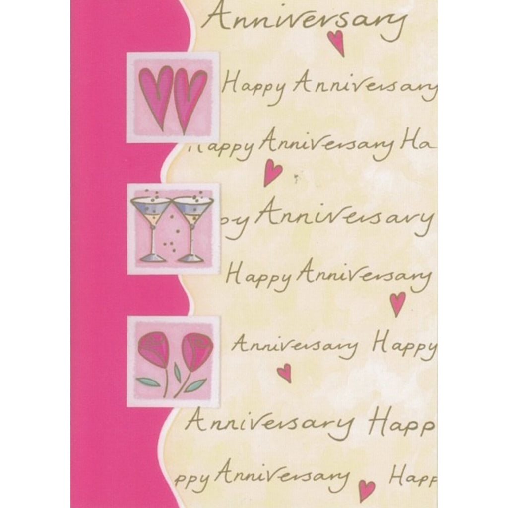 anniversary card with pink colouring and pictures of drinks, hearts and flowers on the front.