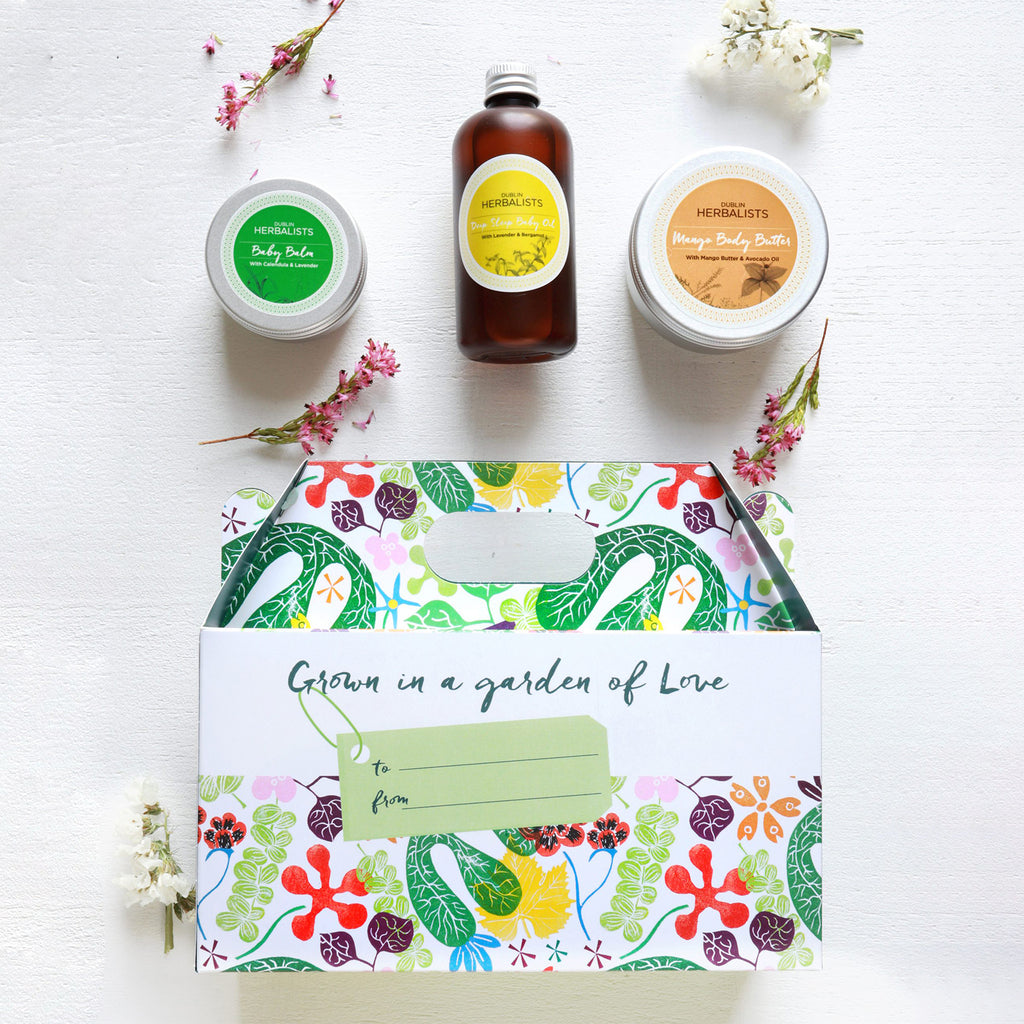 Top down view of Mother and baby creams and oils gift set
