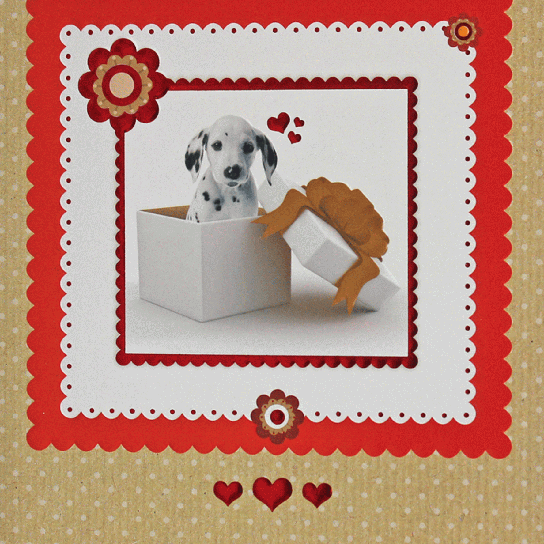 Card with a picture of a dog in a gift box on the front and I love you written on the top.