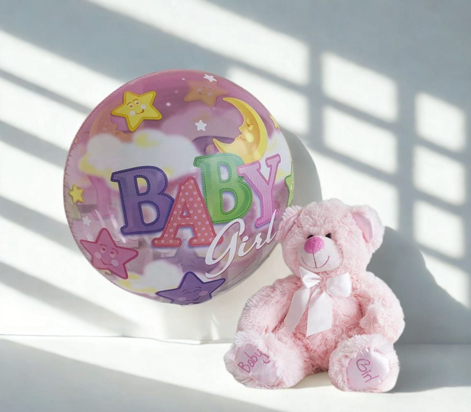 madflowers new baby gifts pink teddy bear and pink baby girl balloon
