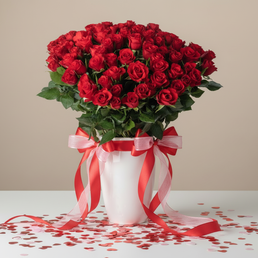 Bouquet of red roses in a white vase with red ribbons on a beige background