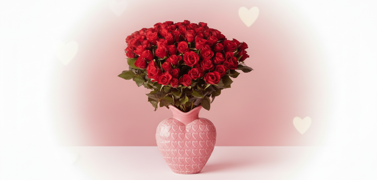 Bouquet of red roses in a pink vase on a light pink background with heart shapes.