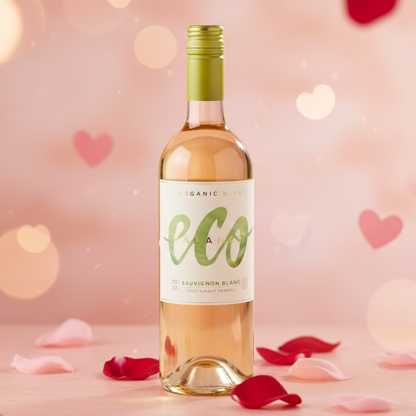 Bottle of wine with 'eco' label surrounded by rose petals on a soft pink background