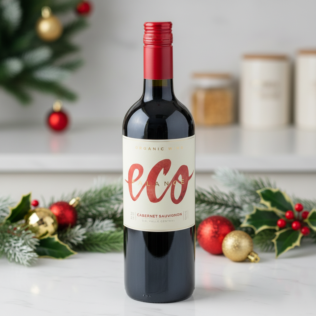 Bottle of eco wine with Christmas decorations in the background
