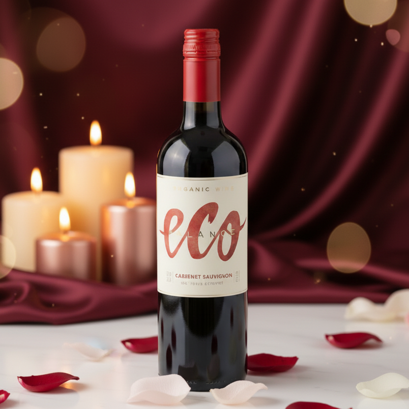 Bottle of wine labeled 'eco' with candles and flowers on a decorative background