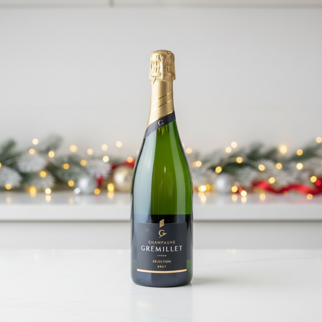 Champagne bottle labeled 'Gremillet' on a white surface with festive decorations in the background.