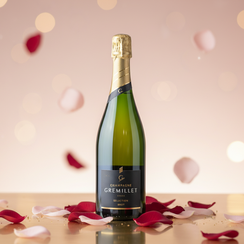 Bottle of Gremillet champagne on a white background