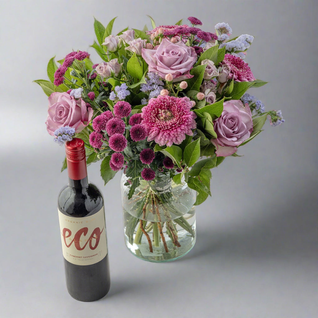 Lavender flower bouquet with Eco red wine