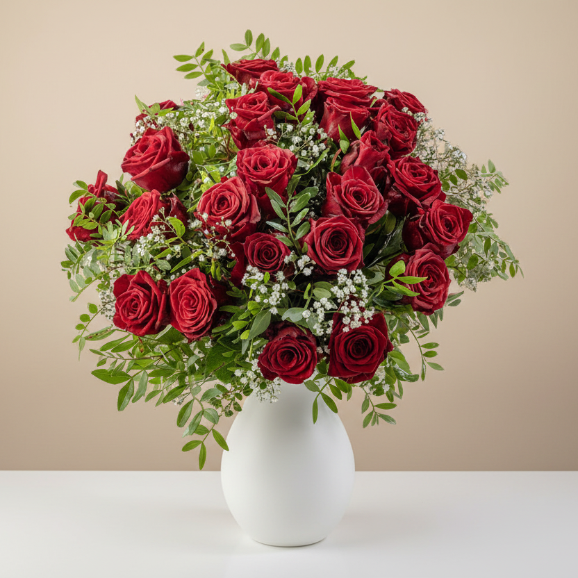 Bouquet of red roses with greenery in a white vase on a beige background