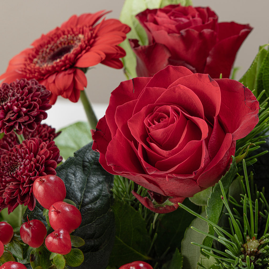 Close up of a red rose from Christmas red roses bouquet and red wine bottle and box of Heidi chocolates