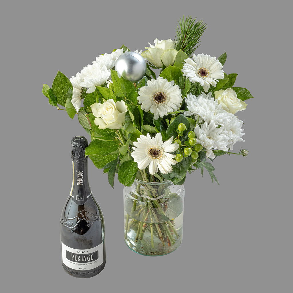 Christmas white roses bouquet with periage prosecco