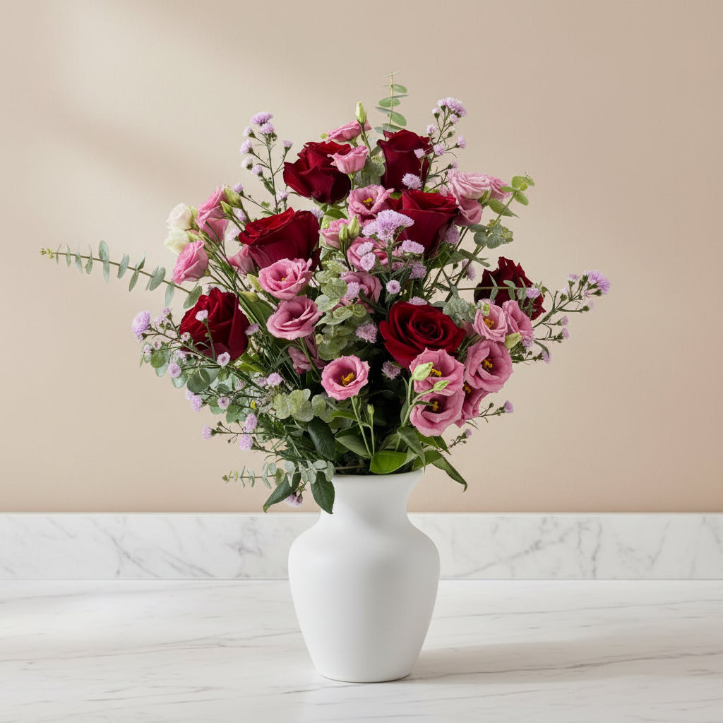 A vibrant floral bouquet featuring deep red and light pink roses, pink lisianthus, and green eucalyptus stems, arranged in a clear ribbed glass vase against a plain white background.